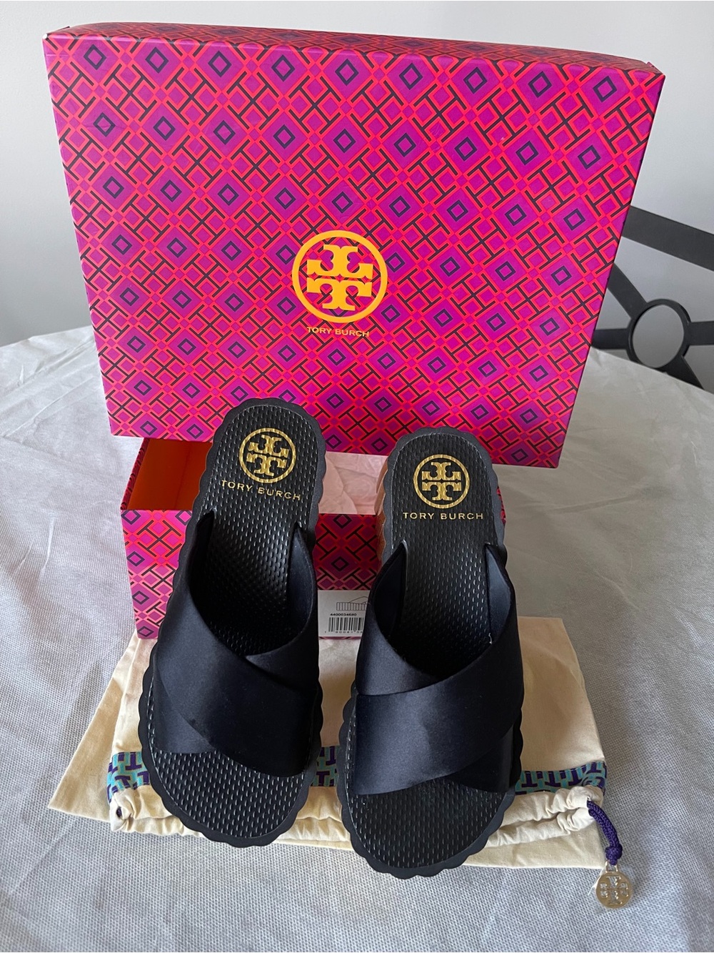 Tory Burch Black Satin Scallop Wedge Platform Cross-Strap Slide Sandals